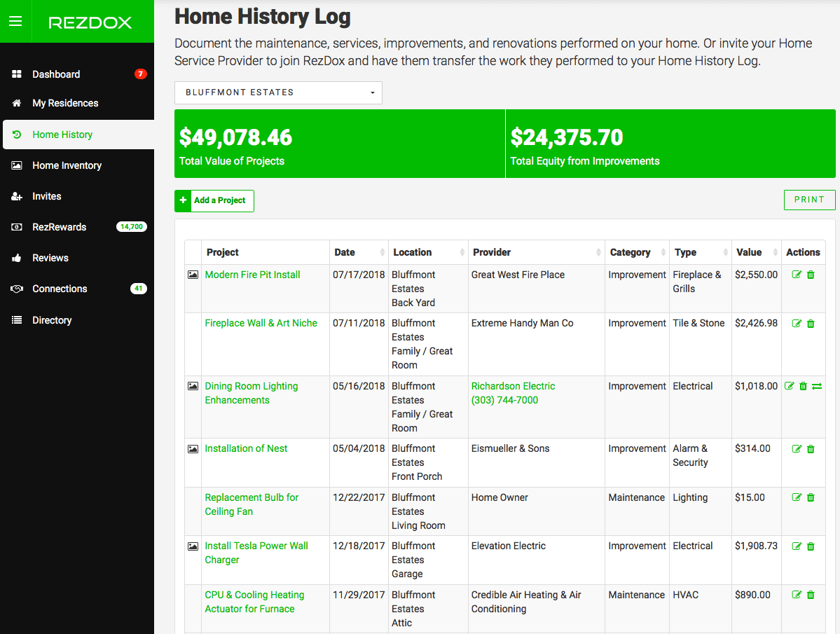 Home History Log sample